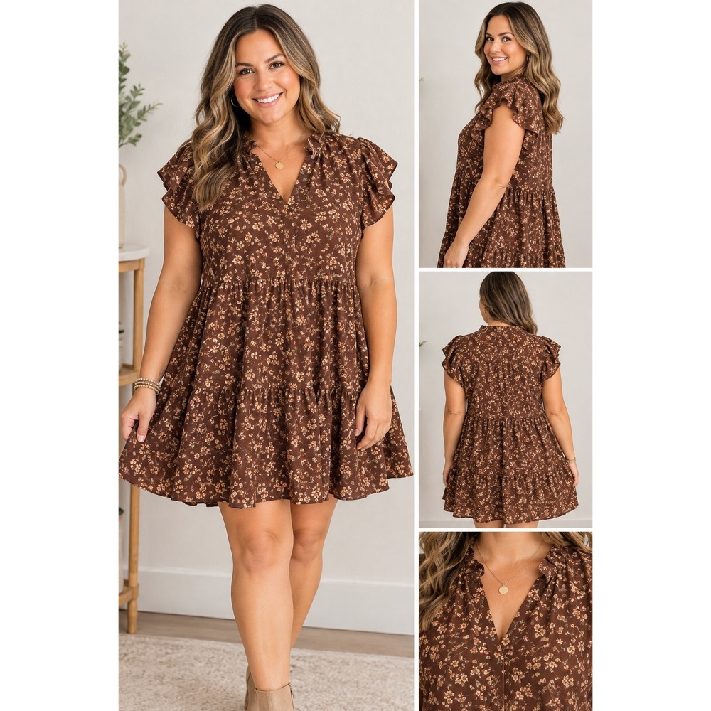 Shein Curve Brown Floral Ruffle Sleeve Tiered Babydoll Smock Dress 1XL
